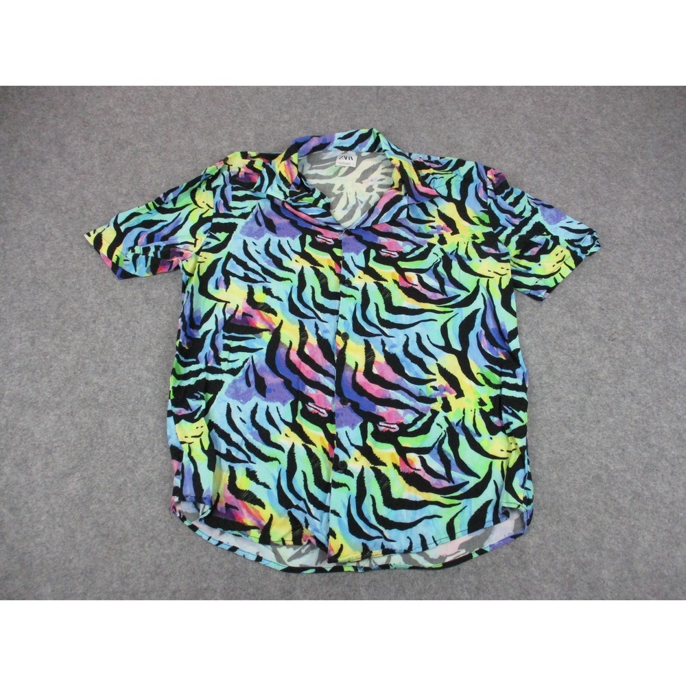 Zara Shirt Mens Large Blue Green Animal Print Button Up Tiger Viscose Colorful